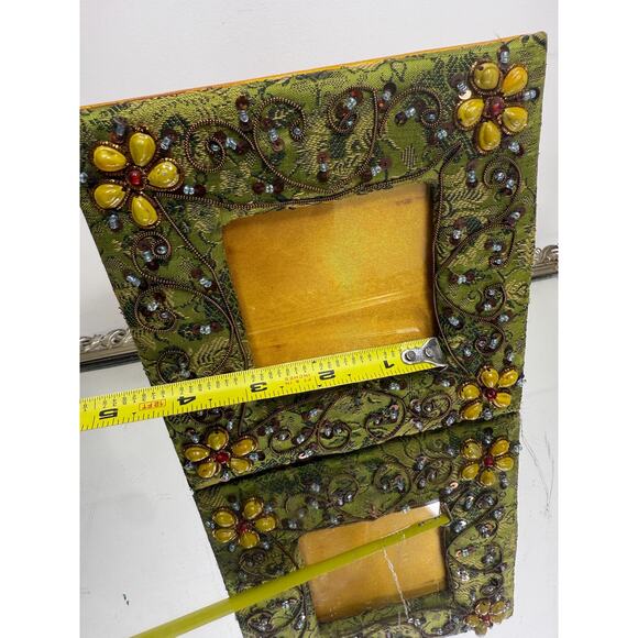 Vintage Boho Hand Embroidered & Beaded Fabric Picture Frame, Green and Yellow - Picture 6 of 10